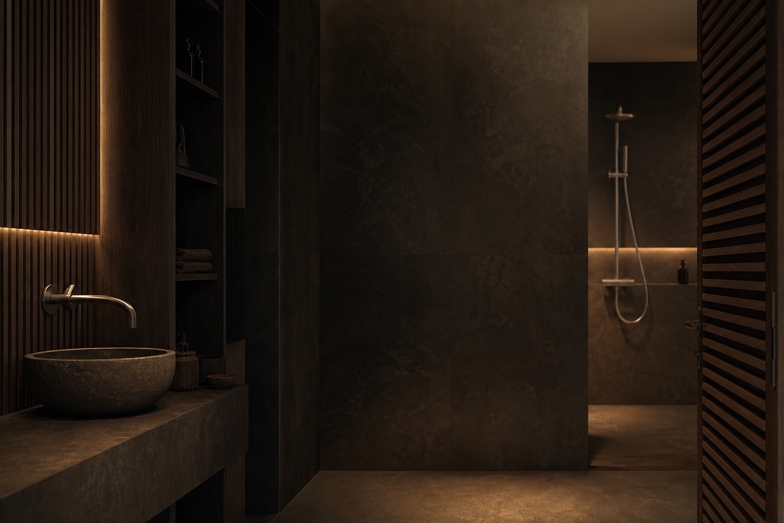 Baño minimalista en microcemento y piedra slate con grifería de acero