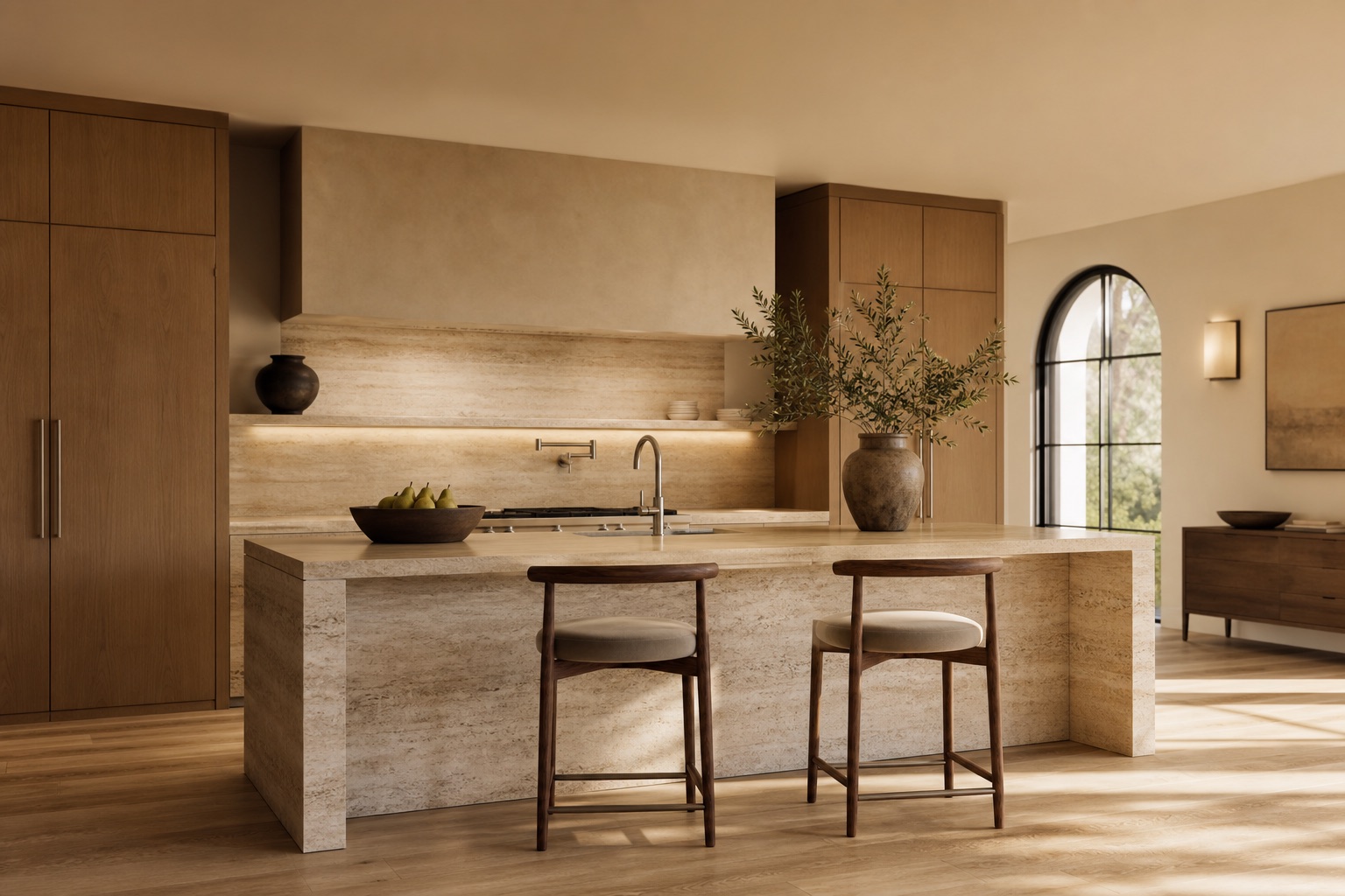 Cocina moderna de microcemento y acero con isla integrada